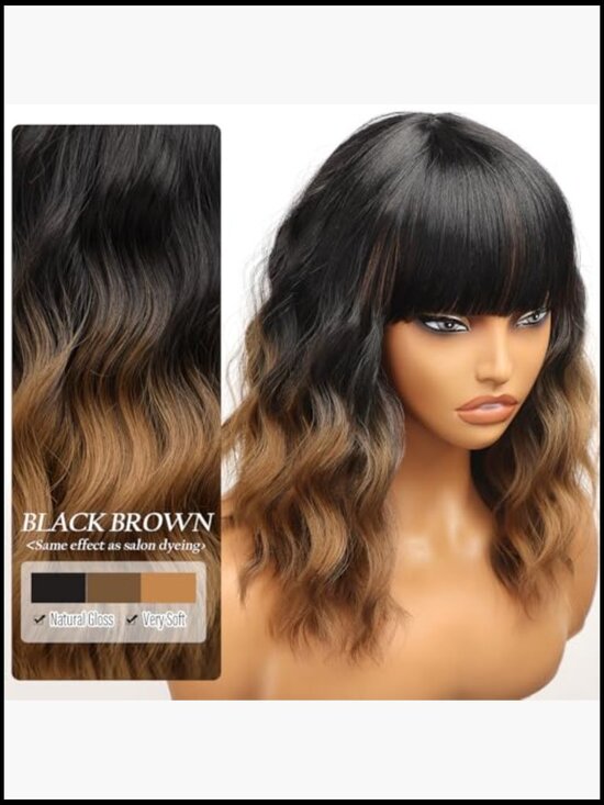 Shoulder Length Wavy Bob Wig with Bangs for Women Synthetic Hair Heat Resistant main image 5